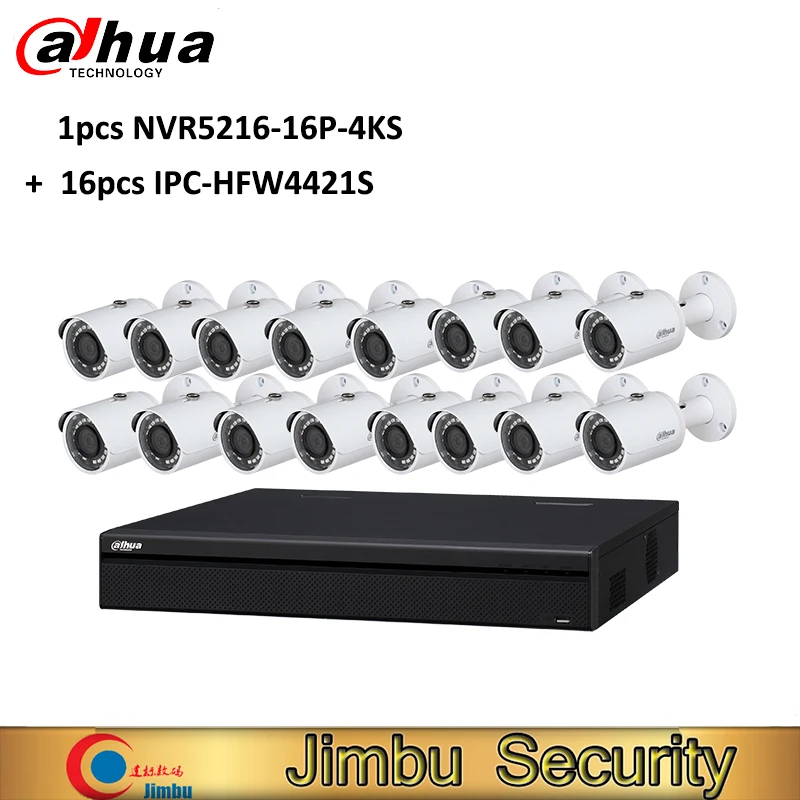 

Dahua Surveillance System 16ch NVR Recorder 1pcs NVR5216-16P-4KS2 16poe Port H.265 and 16pcs IPC-HFW4421S IP Camera lens 3.6mm