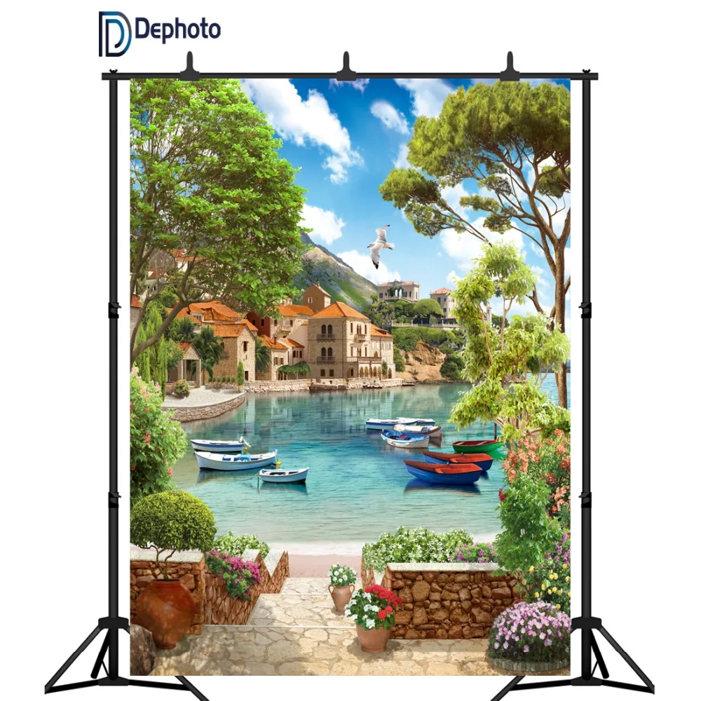 DePhoto декорации Фото фон Венеция летнее озеро корабль камень цветок фото студия