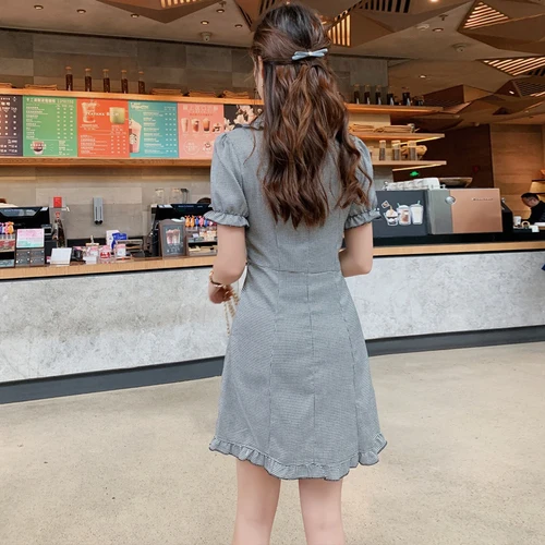 2019 New Summer Korean Brief Plaid Dress Chic Peter Pan Collar Casual Fashion Elegant Single Breasted Dresses | Женская одежда