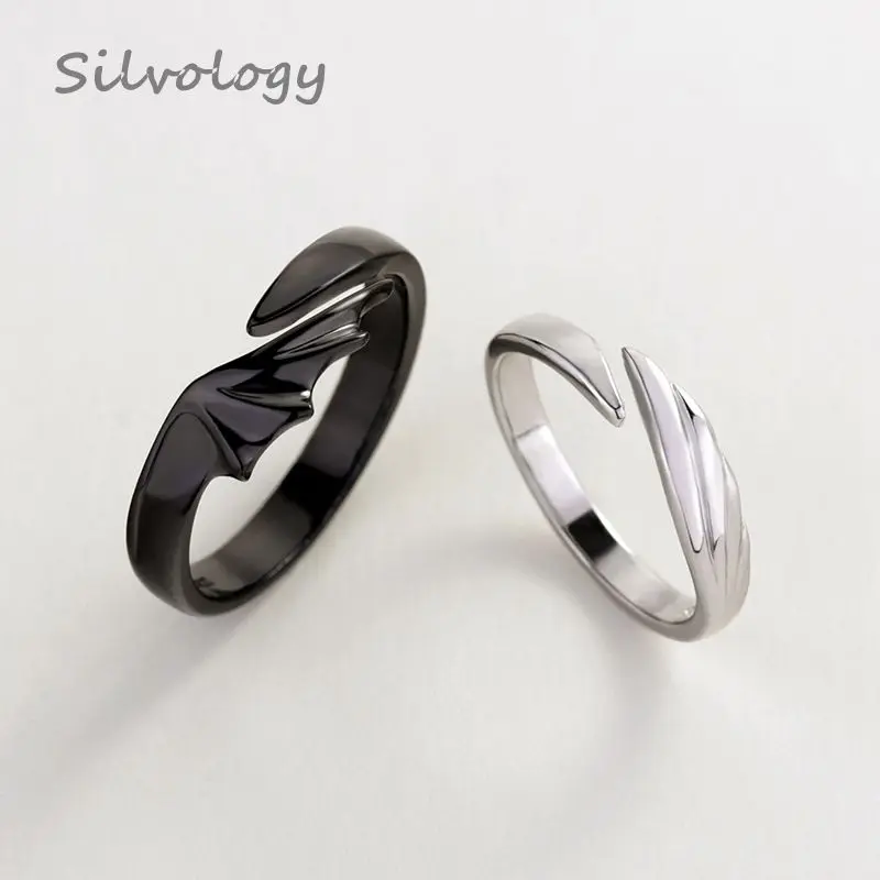 A Pair Silvology, 925 пробы, серебряные кольца для пар с ангелом и дьяволом, оригинальные креативные Романтические кольца с текстурой для влюбленных, праздничные украшения - Цвет камня: A Pair