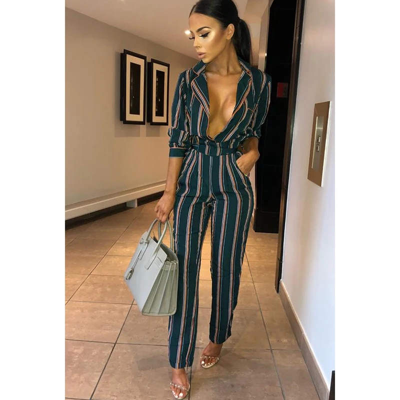 Sexy Stripe Jumpsuit Romper Women deep v neck long playsuit Boho beach jumpsuit female overalls | Женская одежда