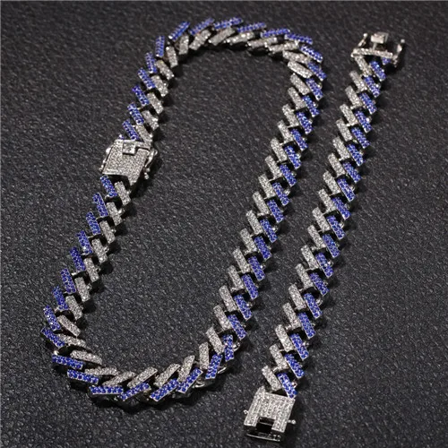 Silver and Blue В стиле «хип-хоп» 2 шт./компл. льдом 15 мм Майами Циркон кубинская цепь из горного хрусталя и Браслеты 16/18/20/24/дюйм для Для мужчин ювелирные изделия - Окраска металла: Silver and Blue