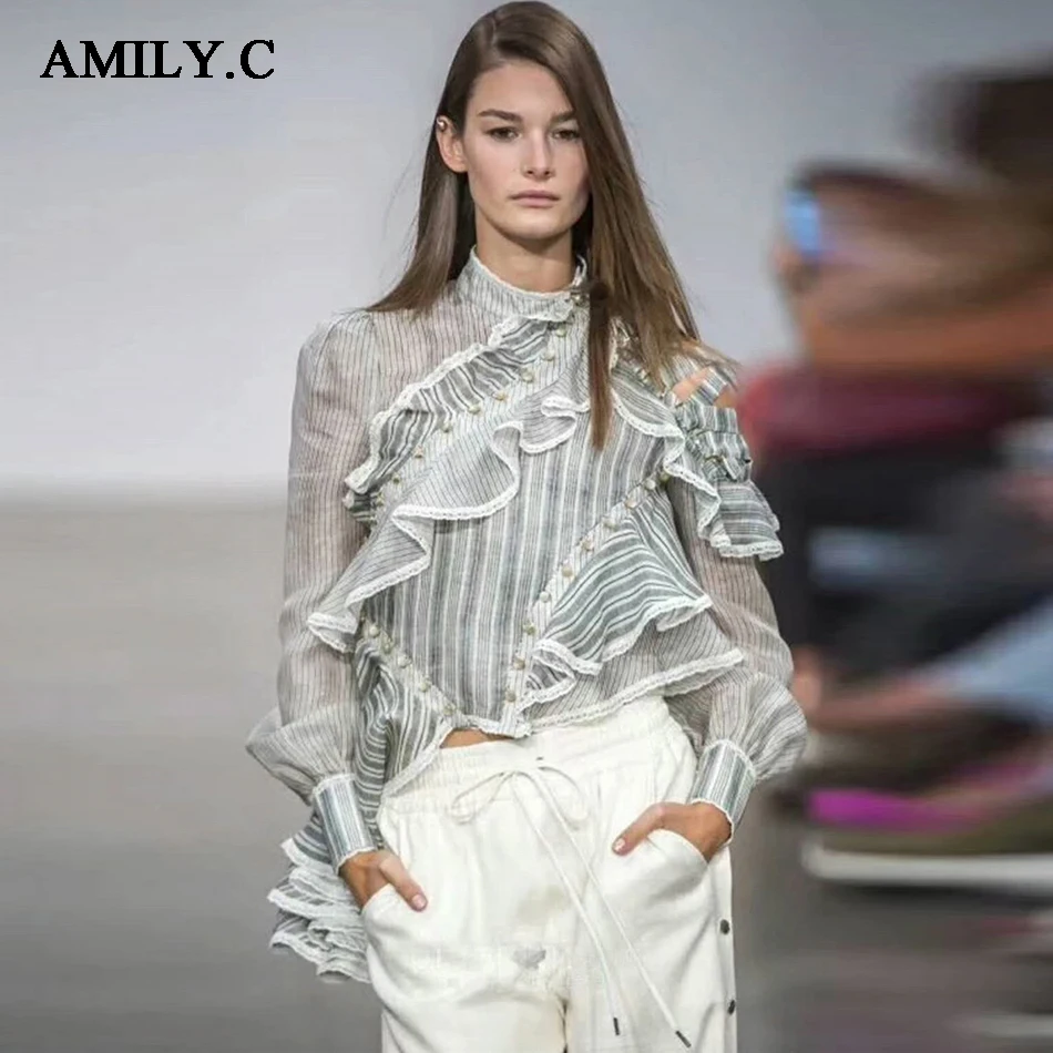 Amily.c 2020 Новая летняя рубашка с длинным рукавом Асимметричная оборками