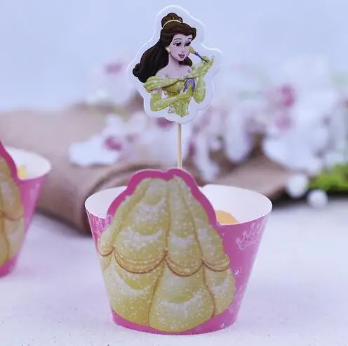 40 шт Дисней Принцесса Белль кекс обертка и Топпер Для детей день рождения