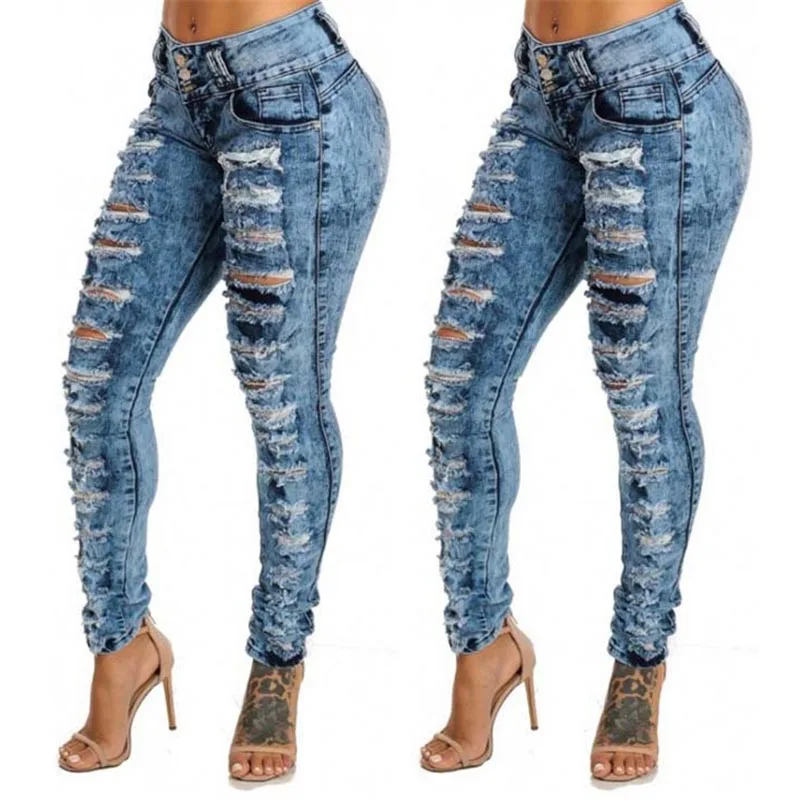 

Синие рваные джинсы с высокой талией и пуговицами, женские джинсы, брюки из денима для женщин, узкие джинсы-карандаш, C1220
