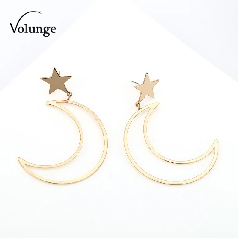 Women's Korean Personality All-match Copper Cast Geometric Stars Moon Pendant Earrings Gold Silver Color Jewelry 2017 New Gift |