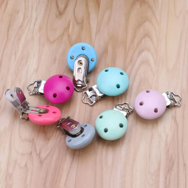 

5pcs Metal Wooden Baby Pacifier Clips Solid Color Holders Infant Soother Clasps