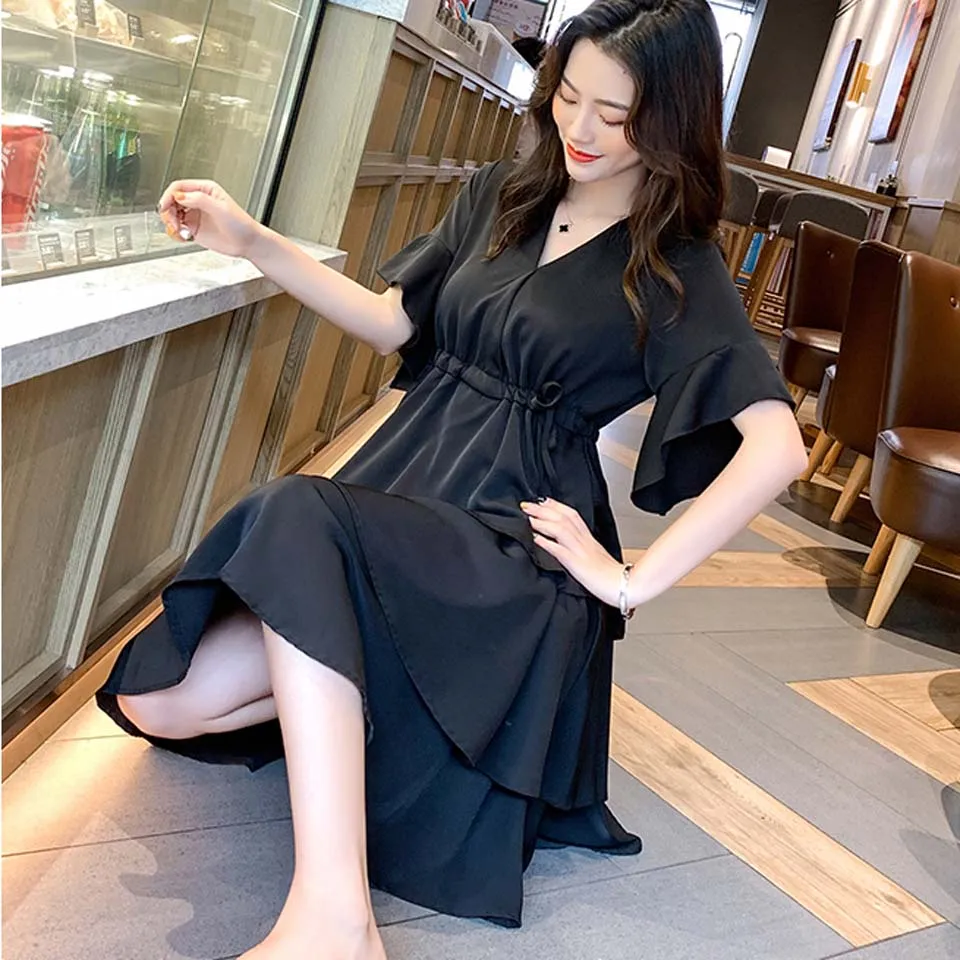 

Summer Preppy Style Dress 2019 Small Sexy V-Neck Butterfly Sleeve Plain Ruffled Hem A-Line Elegant Party Women's Dresses