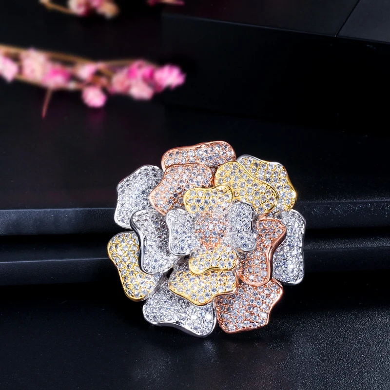 CWWZircons 3D дизайн Смешанные серебро и розовое золото цвет фианит большой Роскошные Свадебная вечеринка Цветок Броши Для для женщин BH009