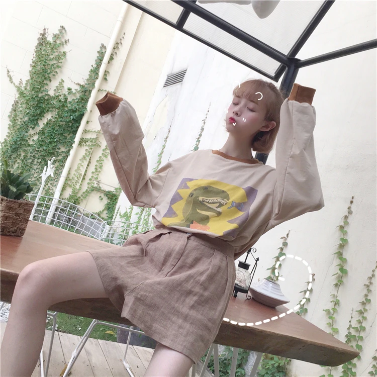 

U-SWEAR Top Woman Clothes Spring Korean Ulzzang Harajuku Cartoon Print Patchwork Color Long Sleeve shirt Women Tops Fashion