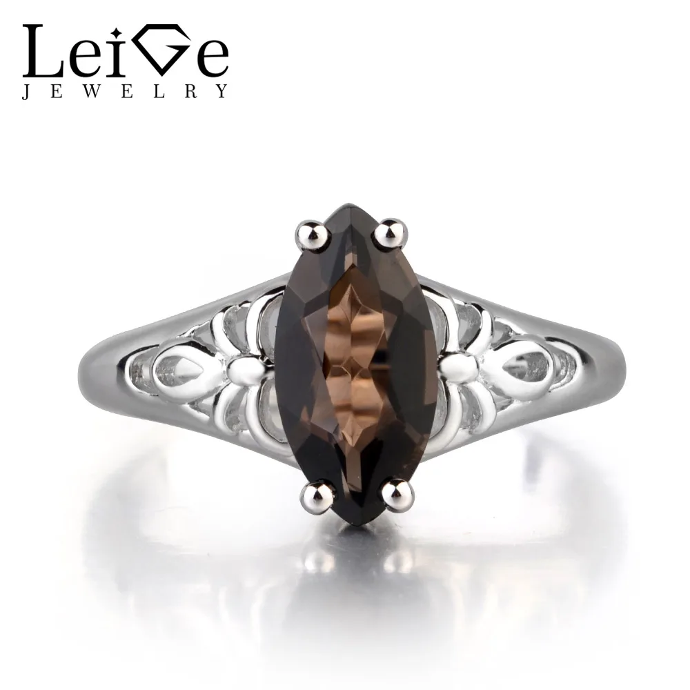 

Leige Jewelry Natural Brown Color Smoky Quartz Gemstone Marquise Cut Prong Setting Romantic Rings For Woman 925 Sterling Silver