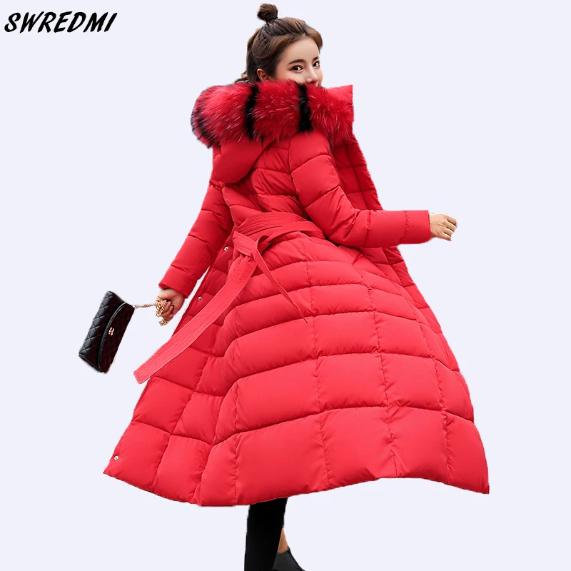 Женское пальто с поясом SWREDMI длинная приталенная теплая парка хлопковой