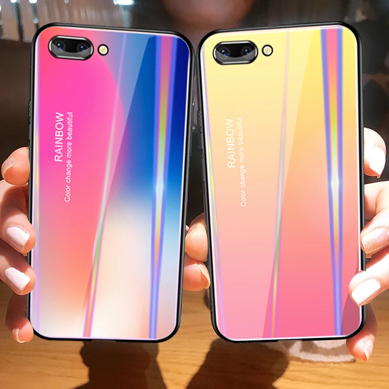 Gradient Color Phone Case For Honor 10 V10 Play Tempered Glass Back Cover Rainbow colorful Shell |