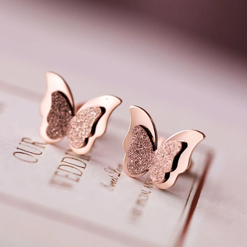 Knock Stainless Steel Earrings For Women Child Rose Gold Color Frosted Double Butterfly Studs Best Jewelry | Украшения и