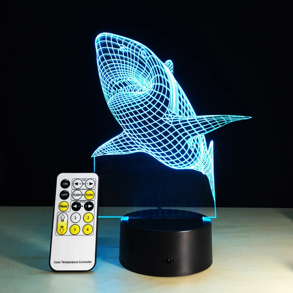 Акула акриловая 3D Светодиодная ночная лампа с дистанционным управлением цветная