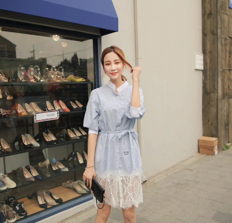 Женское платье рубашка в полоску с кружевом|dress lace|summer womenstriped shirt dress |