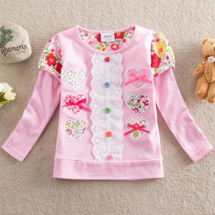 free new 2014 baby girls t shirt children T shirts flower cartoon long sleeve lace clothing kids wear 1-6Y NOVA sister brand | Мать и