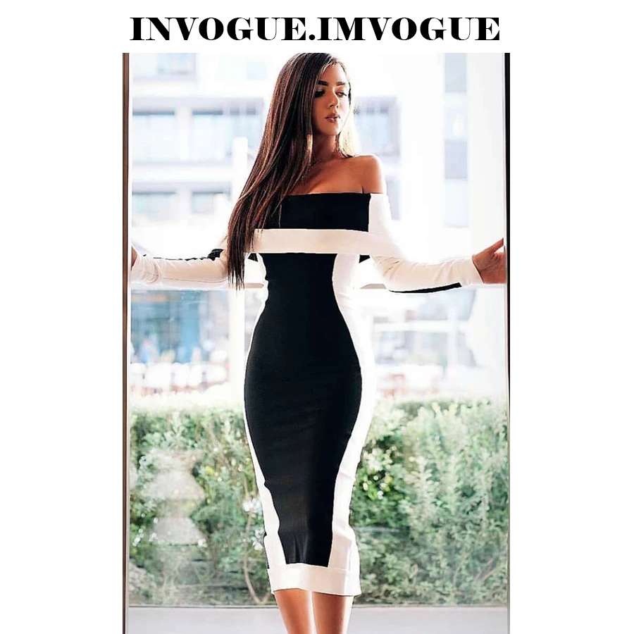 Женское платье с открытыми плечами INVOGUE Черное и белое Бандажное длинными