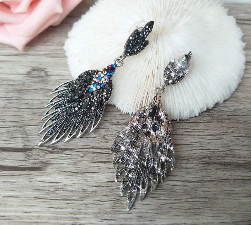 

5 pair handmade Gorgeous feather Vintage Bohemia water drop crystal pave black rhinestone Earrings for women E340