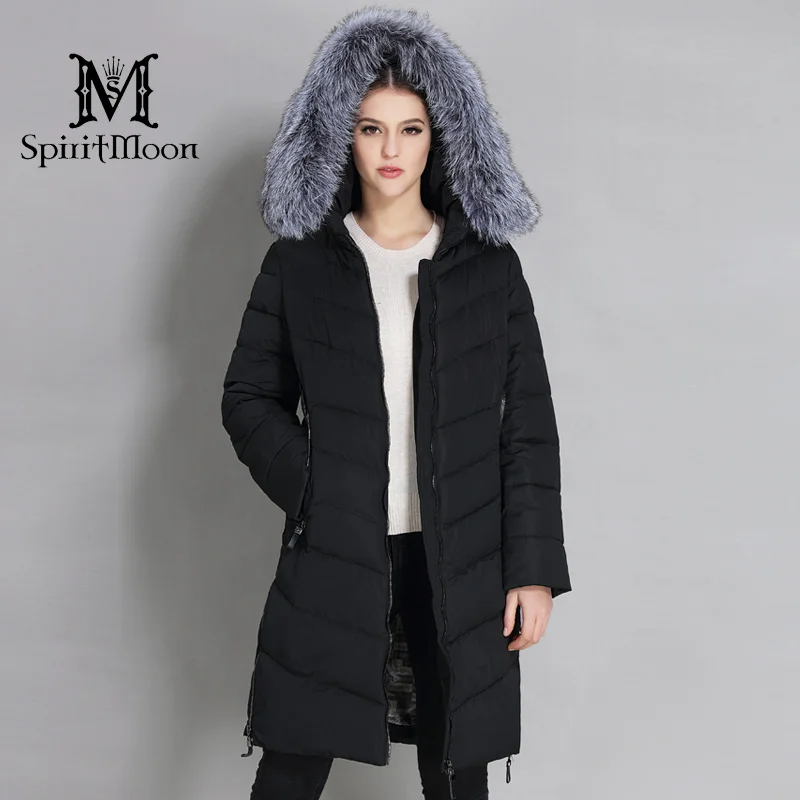 SpiritMoon 2018 пуховик женский длинный Мод с Капюшоном Открытое Теплое Зимнее Пальто