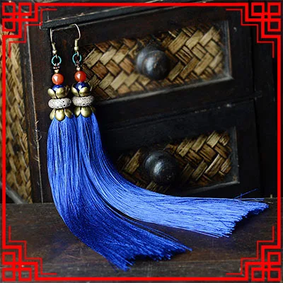 Женские винтажные этнические серьги с бахромой длинные синие в виде ракушек и