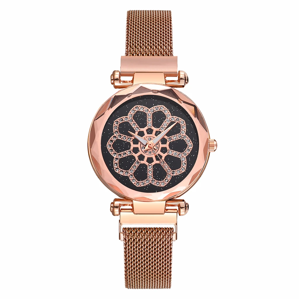 rose gold Женские с магнитом пряжка Клевер на удачу часы роскошные нержавеющая сталь звездное небо циферблат Кварцевые часы дропшиппинг - Цвет: rose gold