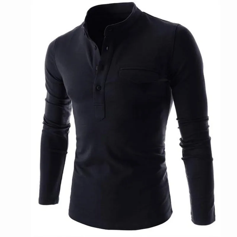 New Design Solid Color Polo Shirt Men 2019 Fashion Stand Collar Gray Long Sleeve Casual False Pocket Henley Man | Мужская одежда