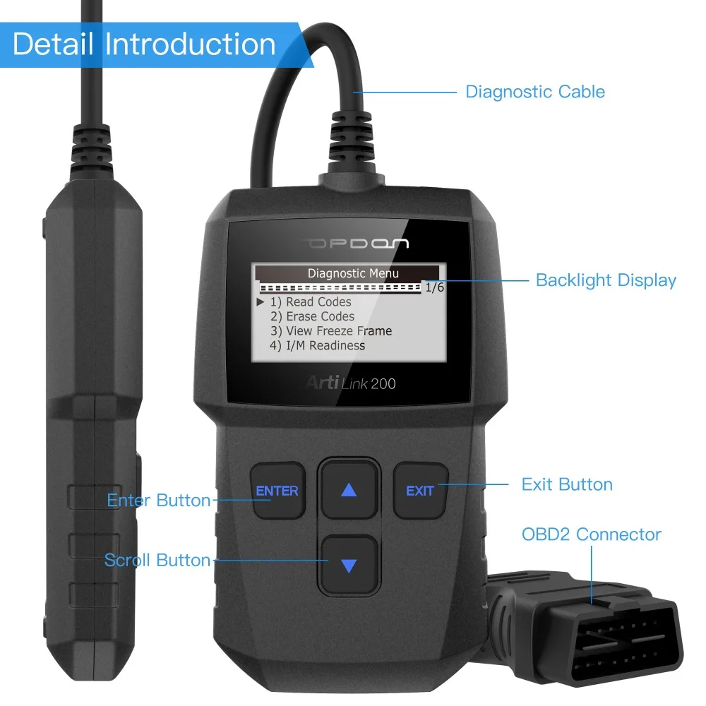 TOPDON arilsink 200 диагностический инструмент OBDII OBD2 сканер для проверки неисправности двигателя er AL200 считыватель кодов I/M тест на готовность выключение MIL