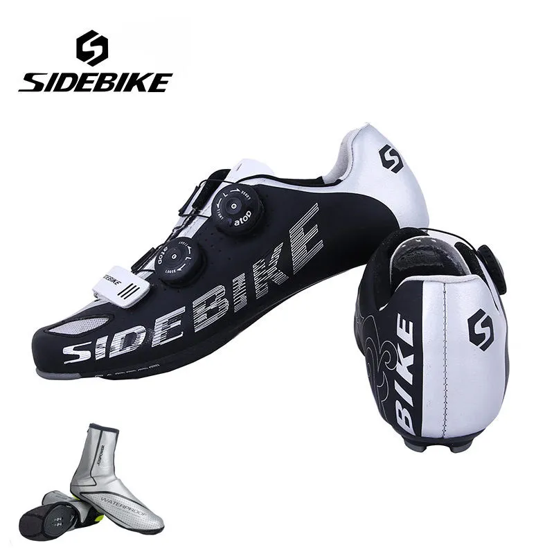 black with overshoes Sidebike/Мужская велосипедная обувь из углеродного волокна, обувь для велосипеда, самозакрывающаяся дышащая Ультралегкая велосипедная обувь, спортивные кроссовки - Цвет: black with overshoes