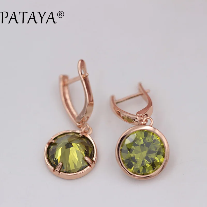 olive green PATAYA, новинка 585, розовое золото, розовый цвет, круглый натуральный кубический цирконий, свисающие серьги, разноцветные, RU, популярные, эксклюзивный дизайн, серьги - Окраска металла: olive green