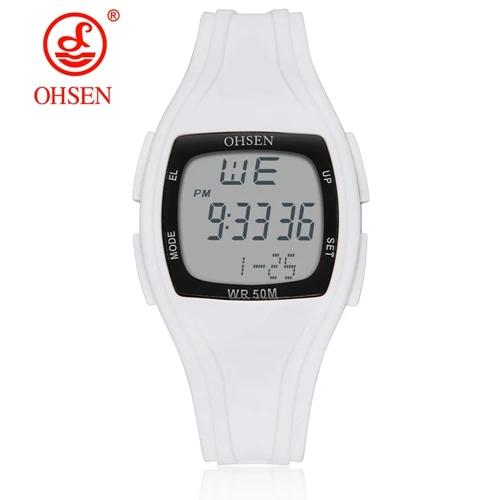 WHITE Watch OHSEN Мода прямоугольник белый Пластик цифровой Спорт Для женщин наручные часы zegarek damski сигнальный светодиод Секундомер женские часы подарок - Цвет: WHITE Watch