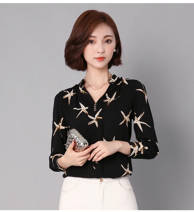 Женская шифоновая блузка, рубашка,, женская одежда, длинный рукав, Blusas, шифон, женские офисные блузки, с принтом, в полоску, в горошек, для девушек, OL, Топ