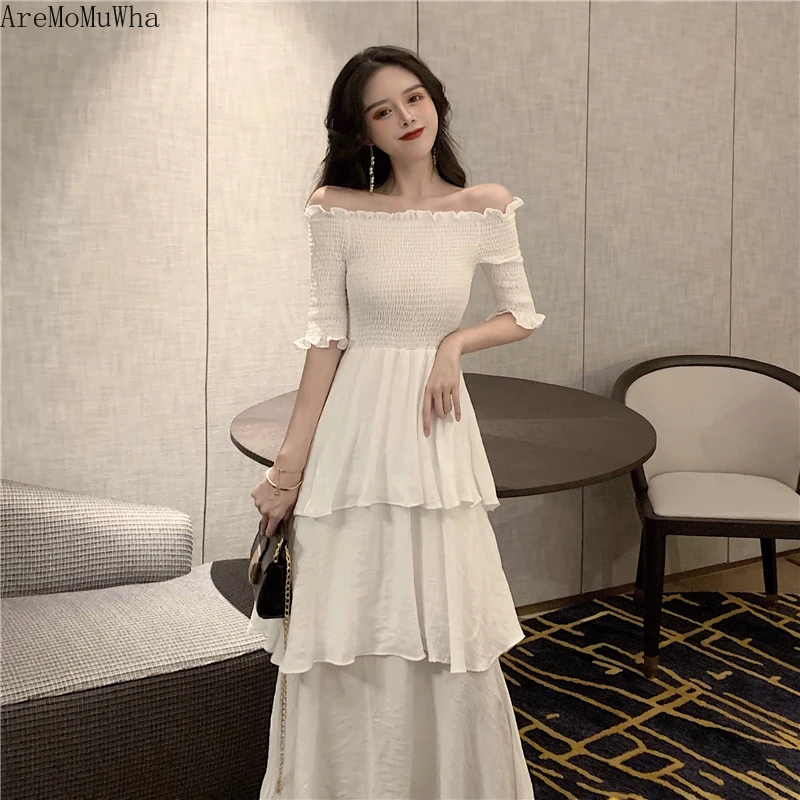 

AreMoMuWha Temperament Pleated Summer Small Fresh High Waist Dress Long Dress Female Word Shoulder Long Cake Sexy Dress MH262