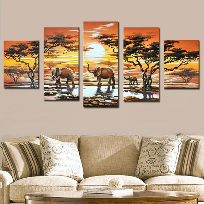 Современная Ручная роспись 5 шт. Холст Искусство Слон живая африканская