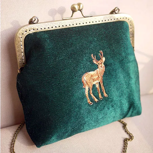 Women BAG Green Angelatarch винтажный олень с вышивкой в виде животных, Цветочная застежка на цепочке, металлический каркас, бархатная женская сумка через плечо - Цвет: Women BAG Green