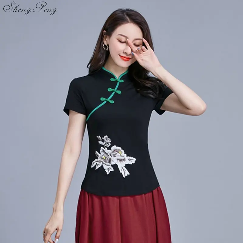 Элегантное платье в стиле ретро; в китайском Для женщин Cheongsam топы с вышивкой, с принтом топы Ципао платье украшено традиционным Рубашка с короткими рукавами кофточка Ципао Q704