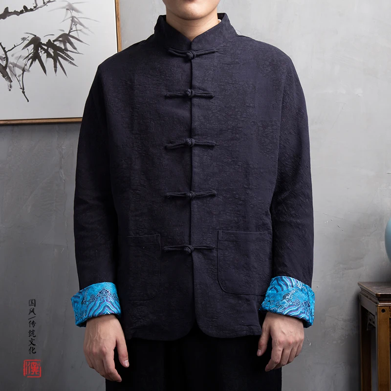 MR-DONOO Chinese style men's cotton and linen jacket middle-aged retro long-sleeved buckle top Hanfu W21 | Мужская одежда