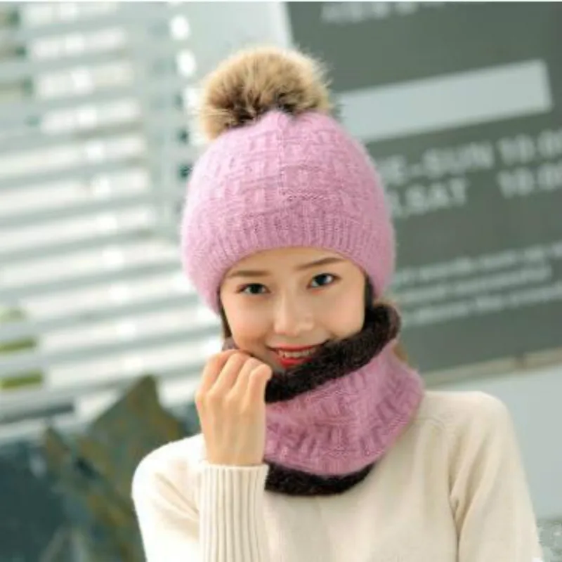 Теплая зимняя женская шапка шарф маска skullies beanie искусственный мех помпон шерсть