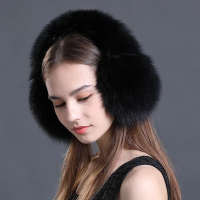 black Наушники из натурального Лисьего меха для зимы, женские теплые наушники из натурального меха енота, наушники для девушек, теплые меховые шарфы из натурального меха, плюшевая Ушная муфта - Цвет: black