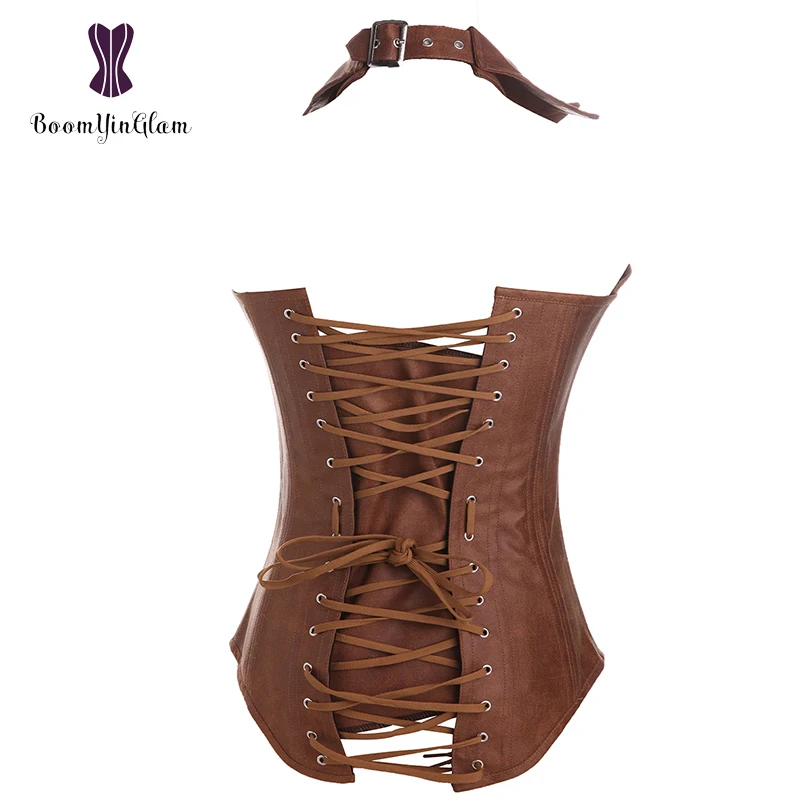Женский коричневый корсет на молнии спереди в стиле стимпанк рок ретро со