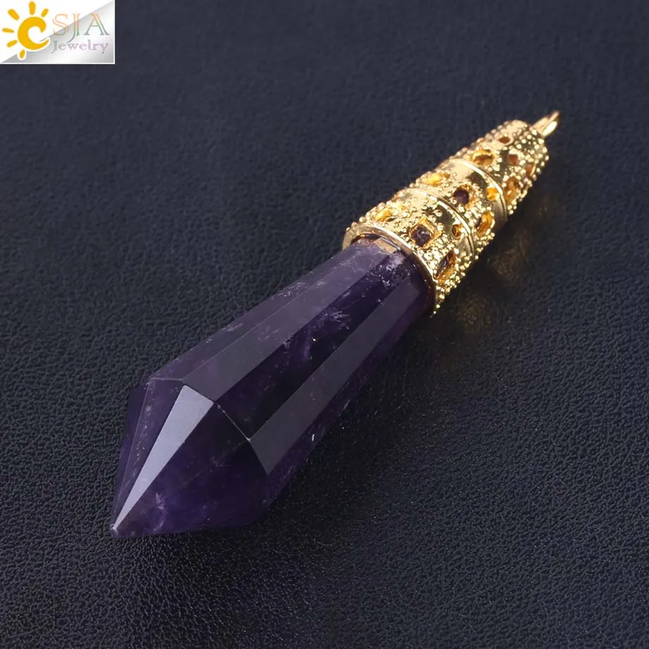 Amethyst Gold CSJA Новое поступление ювелирные изделия золотого цвета Ограненный Природный камень Маятник Шестигранная подвеска Кристалл кварц кулон для ожерелья F401 - Окраска металла: Amethyst Gold