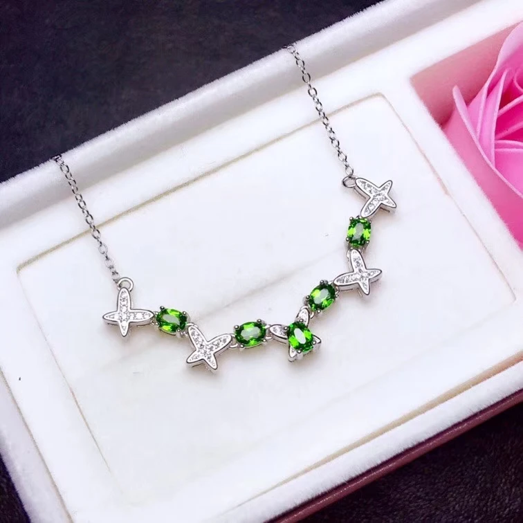 Elegant delicate geometry natural green diopside gem necklace natural gemstone pendant necklace S925 silver girl party jewelery