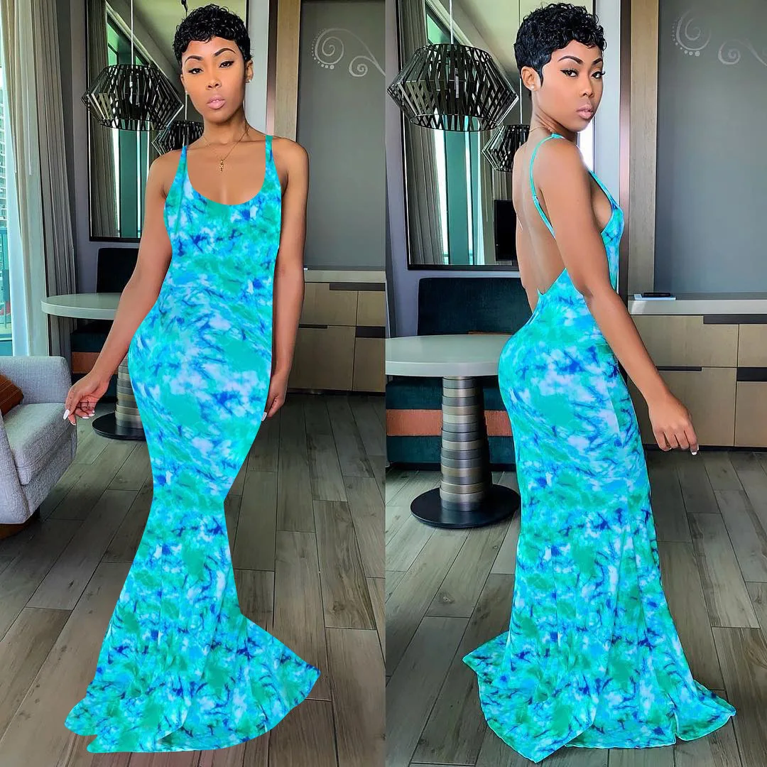 Tie Dye Print Sexy длинное платье в стиле "Русалка" для женщин Спагетти ремень спинки в пол платье Лето O образным вырезом без рукавов богемное платье