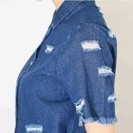 Women Tops Summer Style 2015 Korean Fashion Casual Ripped Hole Short Sleeve Blue Denim Shirt Jeans Top blusa feminina T38 |