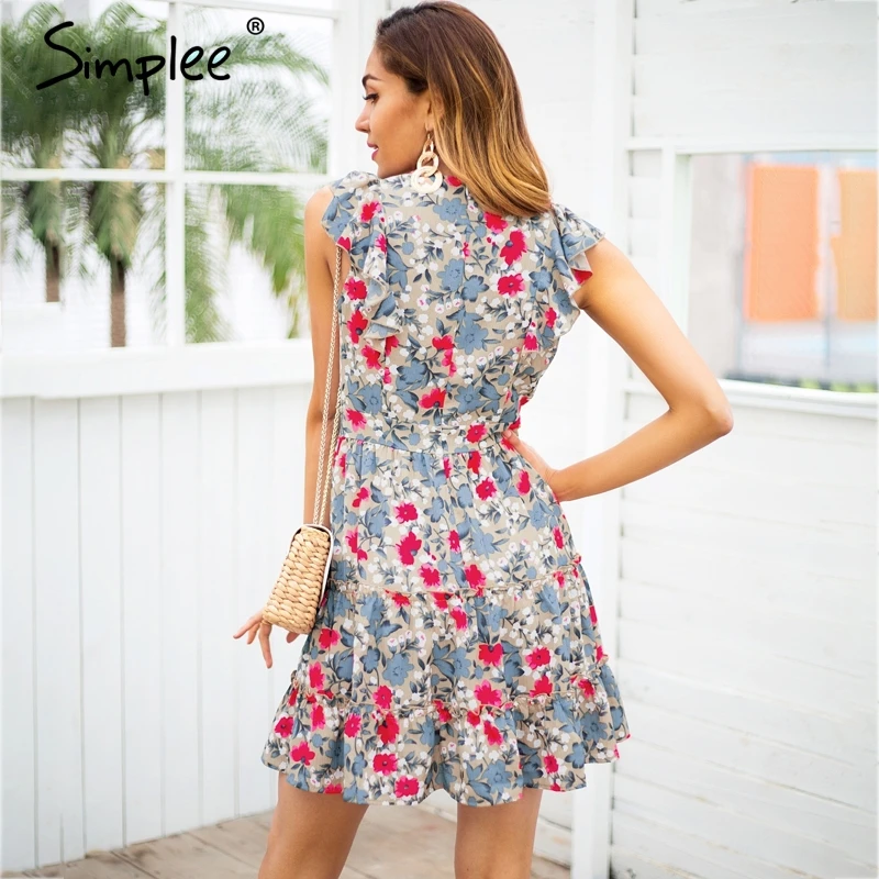 Simplee рукавов рюшами с v образным вырезом летнее платье женская обувь на высоком