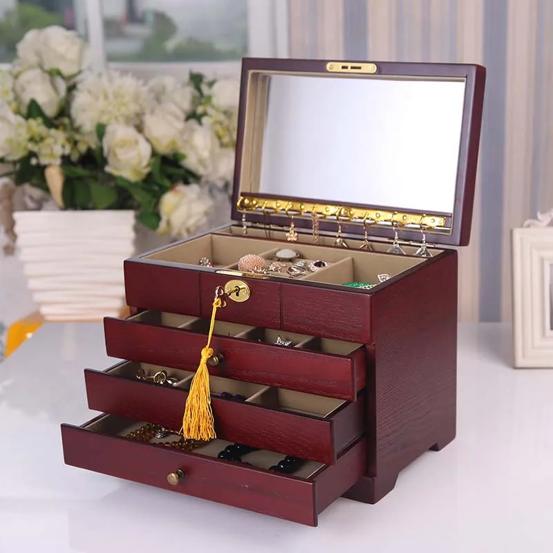 

Jewelry Box Solid Wood Smoke Lock Four Mirror Wipe Boxes Ou High-Capacity High-Grade Birthday Gift Box