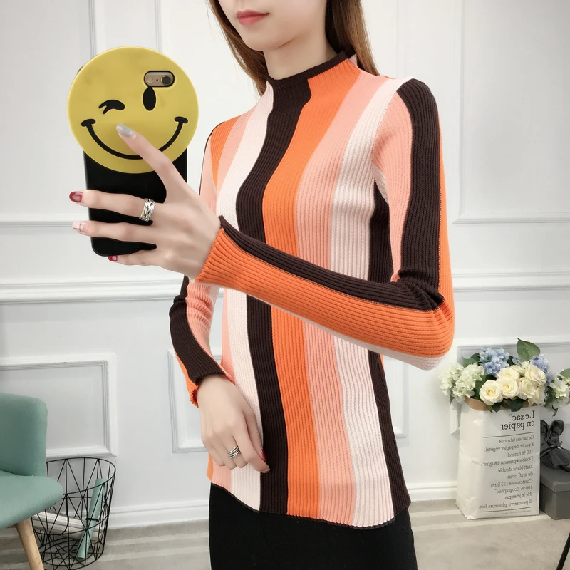 Водолазка в полоску 2018 новый осень-весна тонкий Для женщин Свитера пуловеры