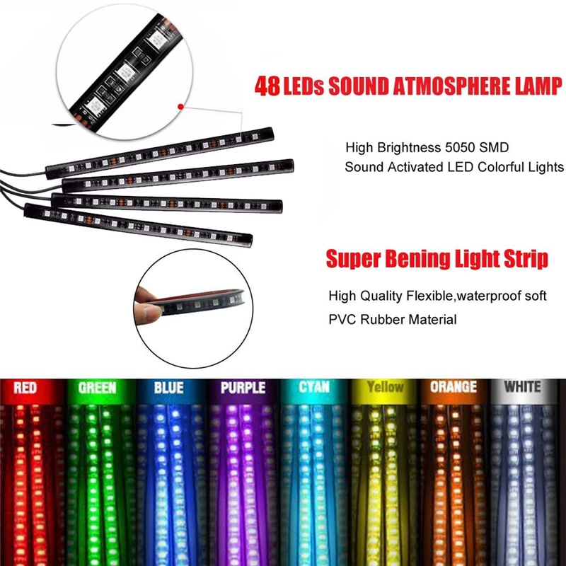KEYECU 4x 7 цветов 12LED Автомобильные светодиодные интерьерные декоративные полосы