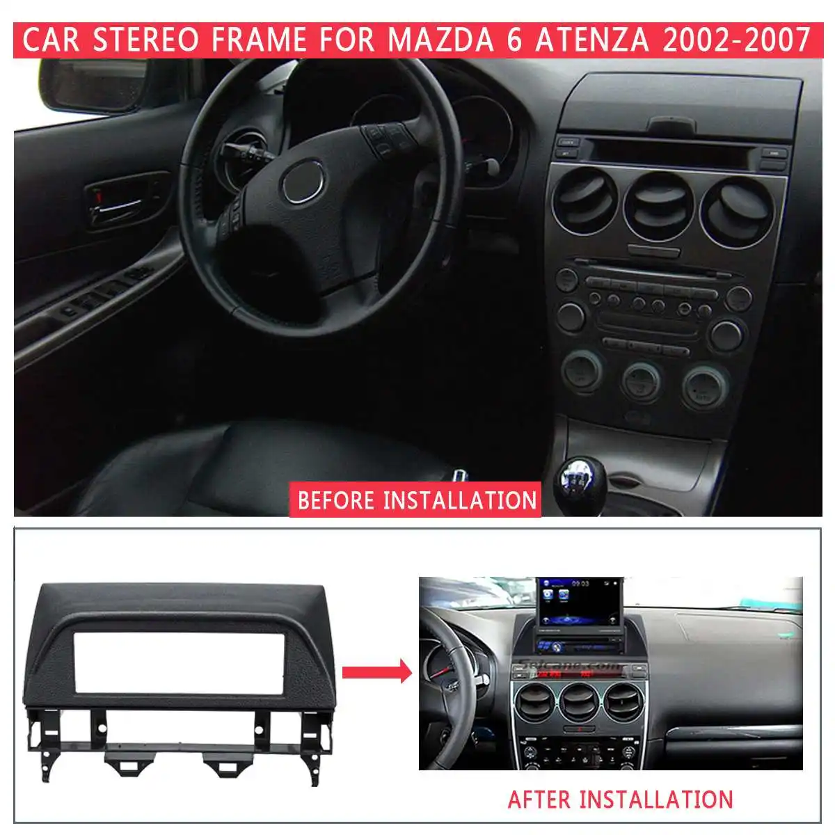 1Din Audio Stereo Dashboard Refitting Kit For Mazda 6 Atenza 2002 2003 2004 2005 2006 2007 Car Fascia Frame Black/Grey 182*53mm