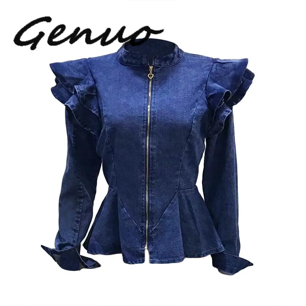 

Genuo New Autumn Hot 2019 Famous Brand Sexy Hollow Out Women Solid Ruffles Coats Ladies Zipper V-Neck Full Sleeve Short Coats